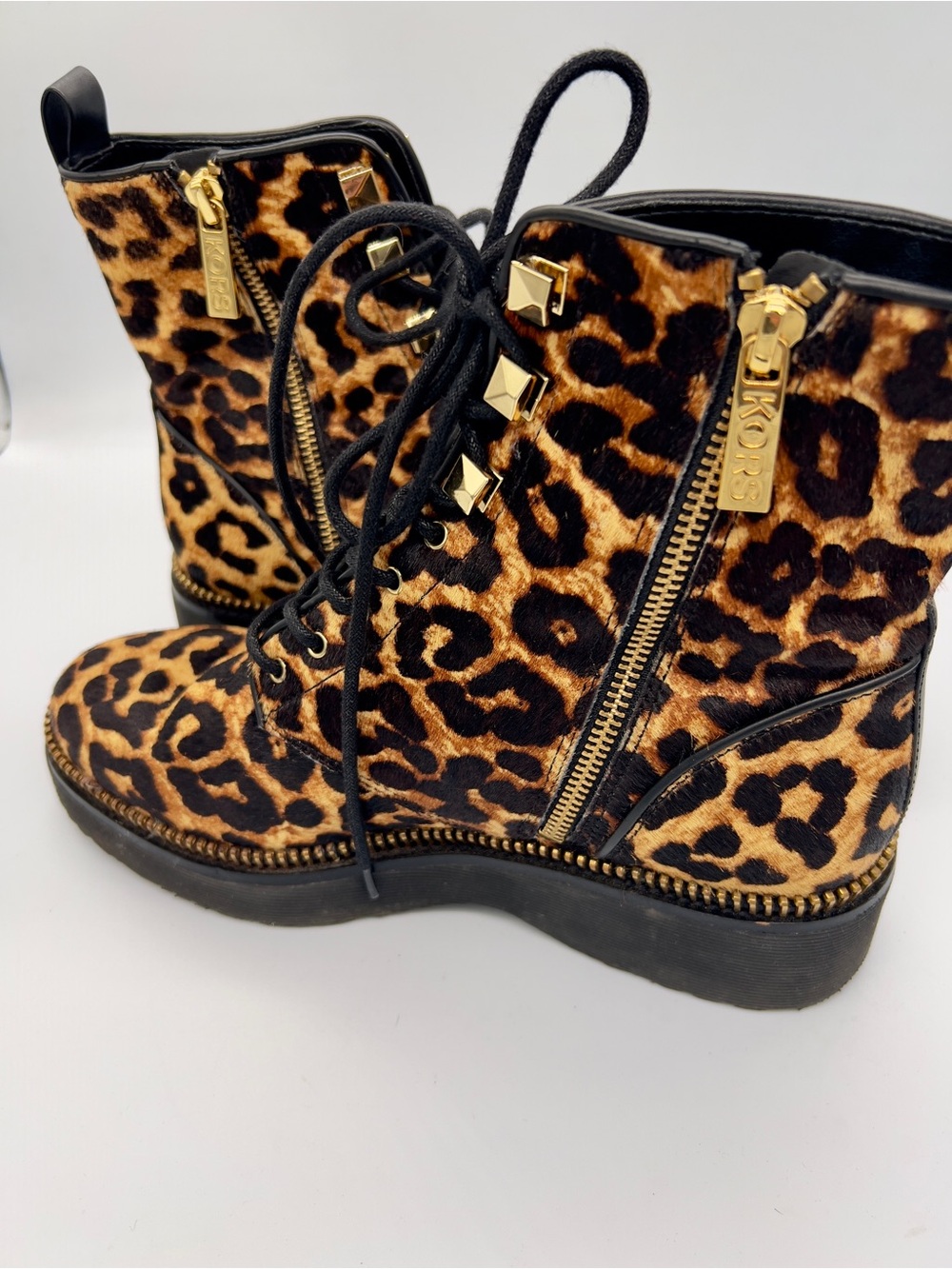 Michael Kors Leopard Print Lace-Up Ankle Boots with Gold Studs - Picture 5 of 7